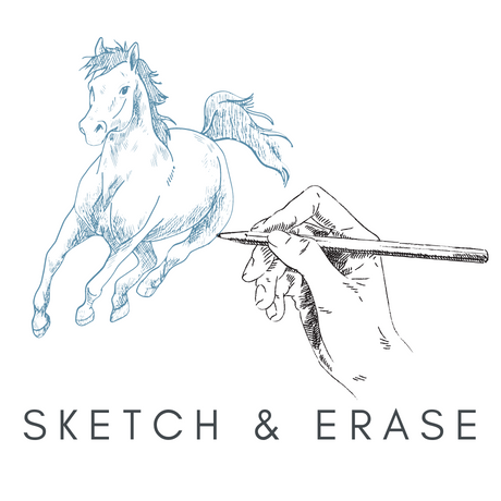 Hand holding a pencil and drawing a horse with the title Sketch and Erase below