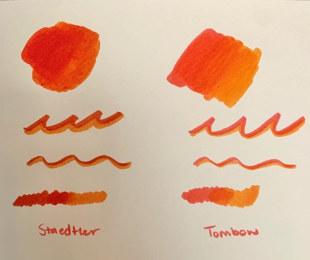 Blended color samples of red and yellow using markers